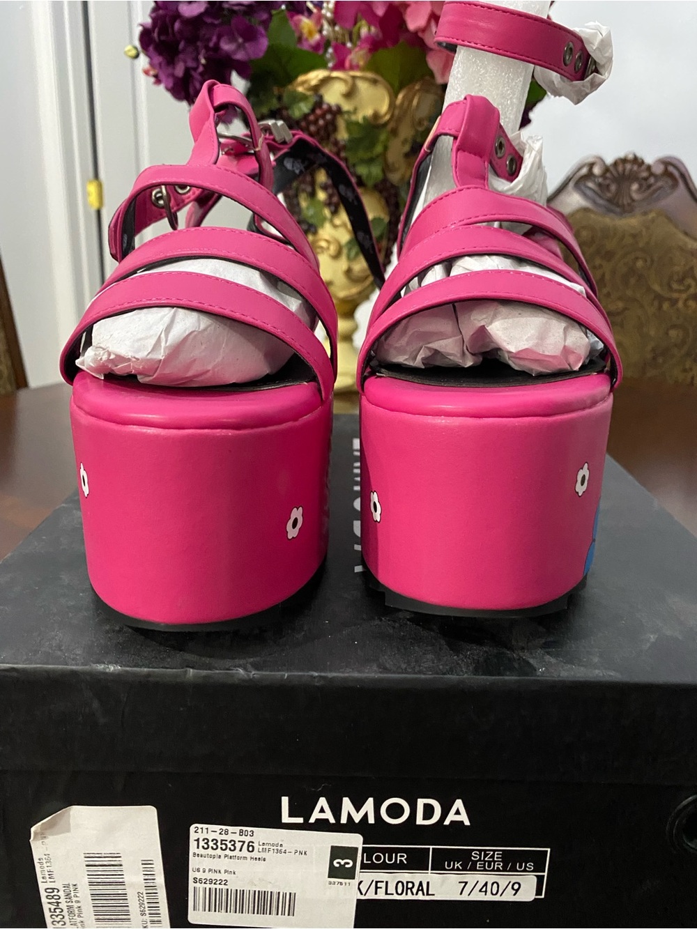Moda Hot Pink Floral Platform Sandals